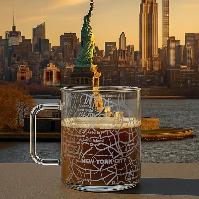 Greenline Goods – New York City, NY Map Glass Coffee Mugs (Set of 2), 16 oz – Etched Wrap Design