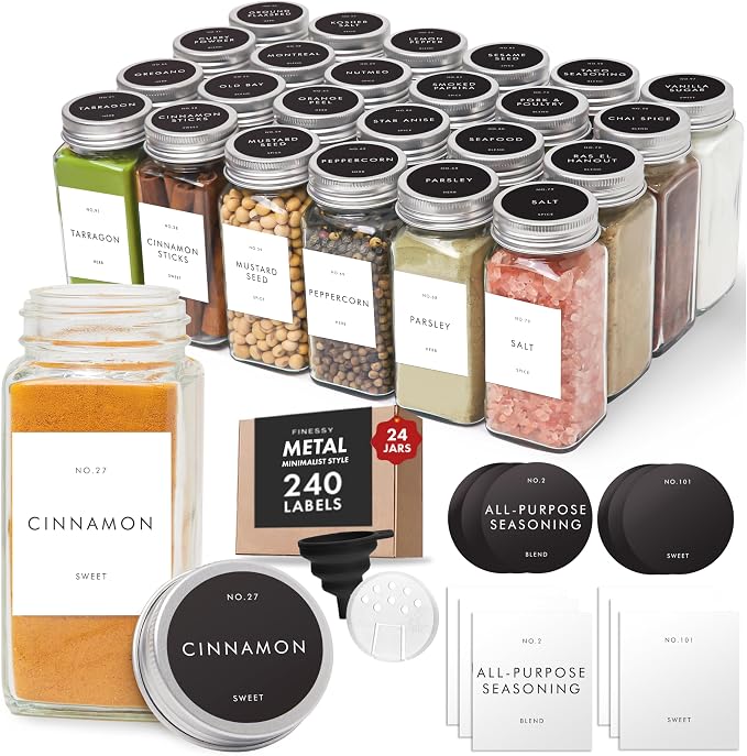 FINESSY Thick Glass Spice Jars With Airtight Lids And Labels 4oz 24 Pack | Empty Spice Containers with Metal Lids, Sift / Pour Shaker Inserts, Waterproof Labels (200 Pre-Printed, 40 Blank) And Funnel by Finessy