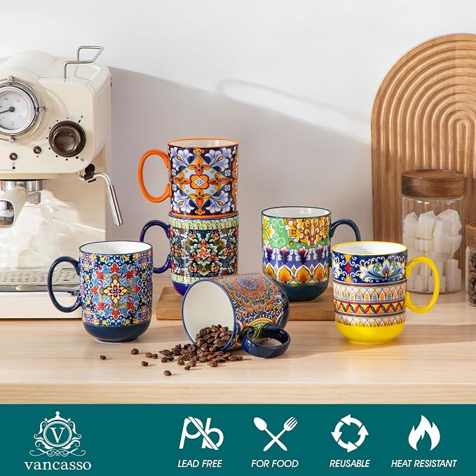 vancasso Simi Boho Coffee Mugs Set of 6, 14 oz Ceramic Mugs with Handle, Colorful Porcelain Cups Microwave Dishwasher Safe, for Latte Tea Cappuccino Cocoa Hot Chocolate - Image 4