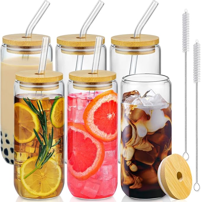 20 Oz Drinking Glasses - 6 Pcs Glass Cups with Bamboo Lids and Straws | Food-grade durable clear tumbler, Coffee bar accessories, Aesthetic gift, For beer, Iced tea, Include 2 cleaning brushes by SENTVEND
