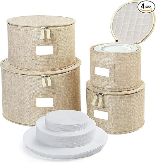 LotFancy China Storage Containers, Hard Shell, 4PCS Set, Dish Saucer Plate Storage Box for Moving, Stackable Dinnerware Organizer Bins with 48 Felt Dividers, Beige by LotFancy