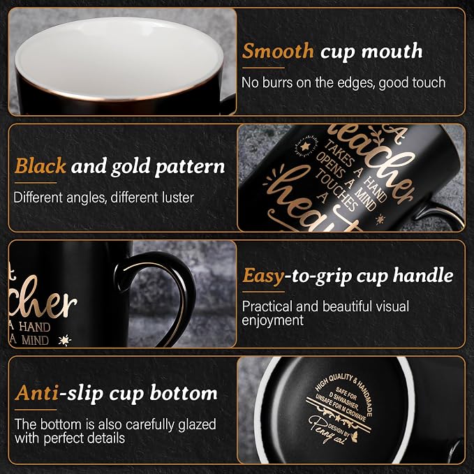 Best Teacher Appreciation Gifts for Men Women, 14oz Unique Black Coffee Mug | Gold Print Teacher Ceramic Cup, Presents for Teachers Graduation Retirement Valentine, with Lid Spoon Card, Nice Gift Boxed - Image 3