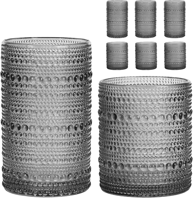 Moretoes Gray Hobnail Drinking Glasses Set of 6,Glass Cups | 12 Oz Highball Glasses & 10 Oz Cocktail Glasses, Kitchen Bar Tumbler Glassware Set for Whiskey, Beer, Juice, Milk by Moretoes
