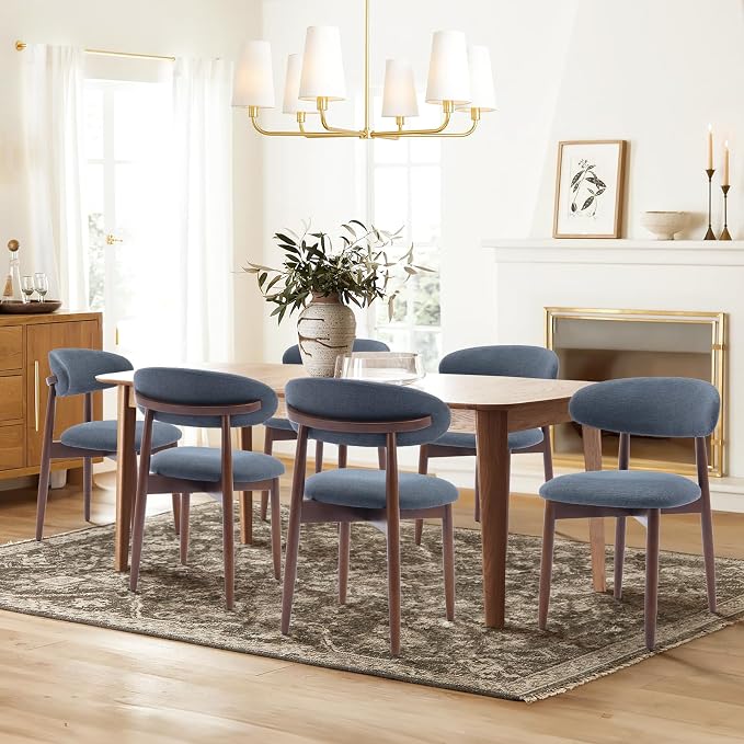 COLAMY Wooden Dining Room Chairs Set of 6, Modern Upholstered Fabric Dining Chairs, Farmhouse Kitchen Side Chair with Foot Pegs, Blue by COLAMYHOME