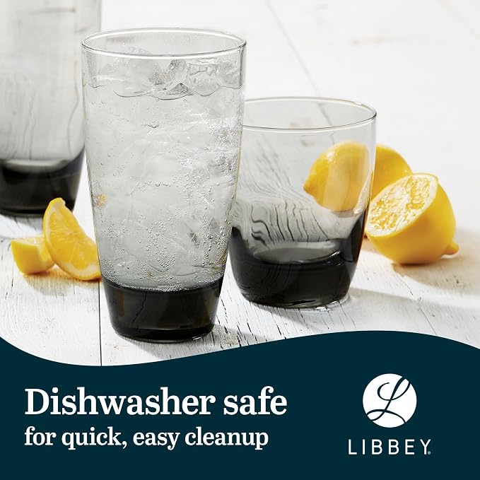 Libbey Classic Tumbler & Rocks Drinking Glasses Set of 16, Clear Glass Cups | 18 oz and 13 oz Capacities for Water, Soda, Cocktails, and More with Smoke-Tinted Bases and Dishwasher-Safe Cleanup - Image 5