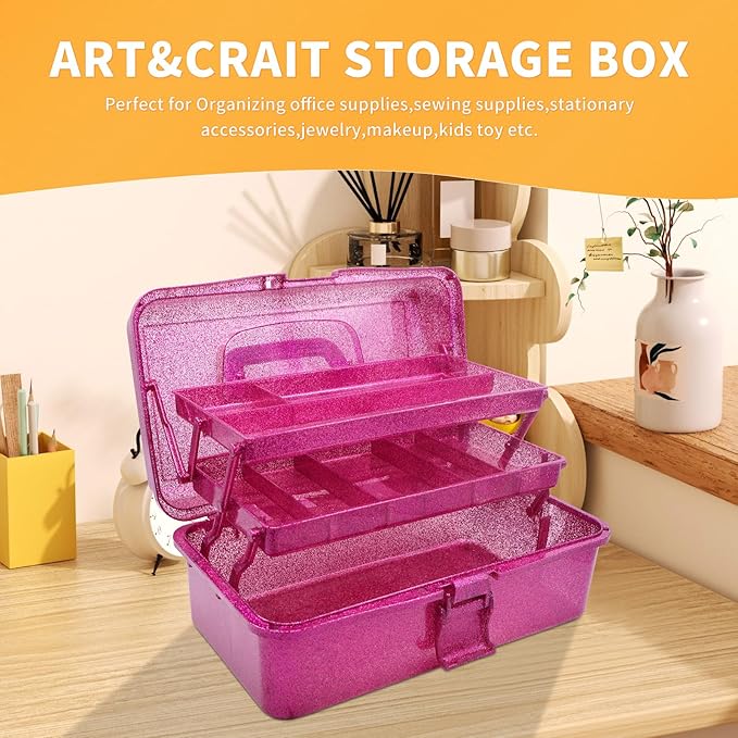 12.2inch 3-Layer Art & Craft Tool Storage Box, Beautiful Sewing Supplies Organizer, Plastic Portable Fishing Tackle Boxes, for Art Supply, Makeup, Hair Accessories,Painting Tools Container (Hot Pink)