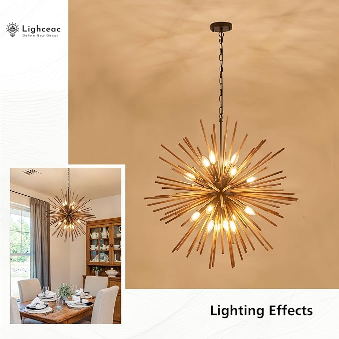 31.3" Farmhouse Sputnik Chandelier for Dining Room Rustic Handmade Natural Wood 16-Light Hanging Ceiling Pendant Light Fixture Starburst Wood Chandeliers for Kitchen Bedroom Foyer Hallway - Image 7