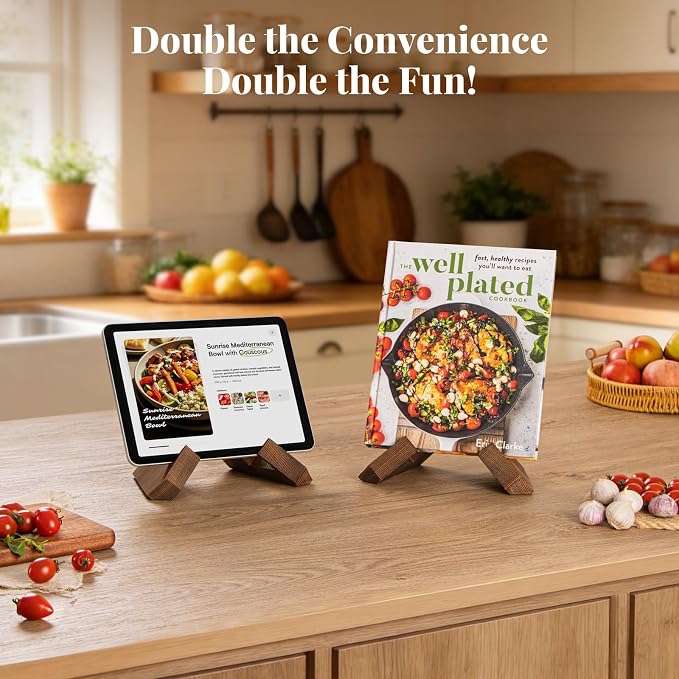 PUERSI Cookbook Stand for Kitchen, Recipe Book Holder for Kitchen Counter | Wooden Cookbook Holder, Rustic Cook Book Holder Stand - Rustic Brown - 2 Sets - Image 2