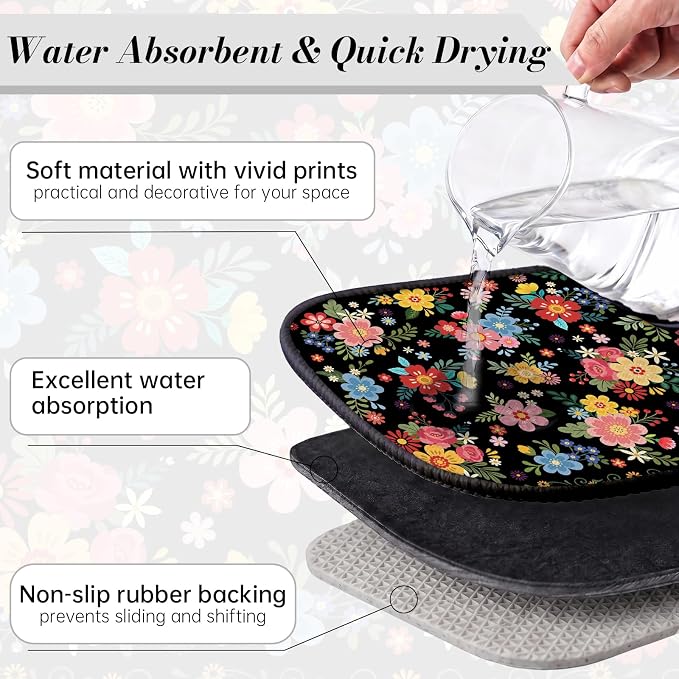 Tropical Floral Dish Drying Mat for Kitchen Counter Coffee Bar 18x24 in | Decorative Non Slip Absorbent Kitchen Dishes Drainer Mat, with Anti-slip Rubber Backing & Hanging Loop, for Sink, Home Decor - Image 4