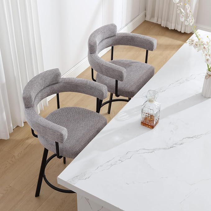 Flouki Swivel Bar Stools with Backs and Arms, Modern Bar Stools Set of 4 for Kitchen Island, 26" Upholstered Linen Counter Height Bar Stools for Kitchen Counter, Dining Room, Grey - Image 6