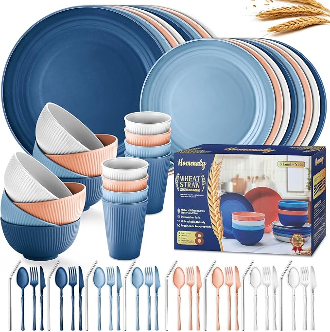 Wheat Straw Dinnerware Sets,64-Piece Plates and Bowls Sets for 8-Unbreakable,Reusable Plastic Dish Set-Dinner Plate/Dessert Plate/Cereal Bowl/Cup/Utensils-Dishwasher Safe 64P-Oecan Coral by HOMMALY