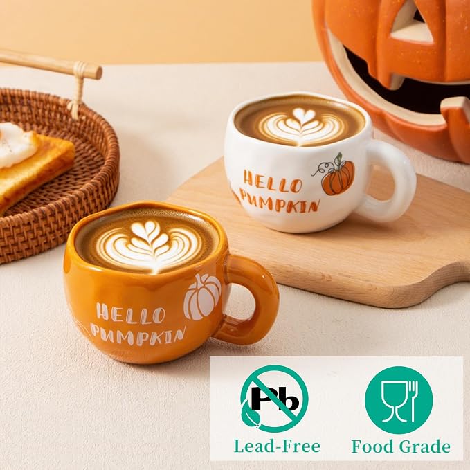 4pcs Ceramic Mugs Set, 9.4OZ Cute Coffee Cup Set, Hello Pumpkin Design, Dishwasher Safe, Gift for Fall/Halloween/Thanksgiving (Pumpkin) - Image 5