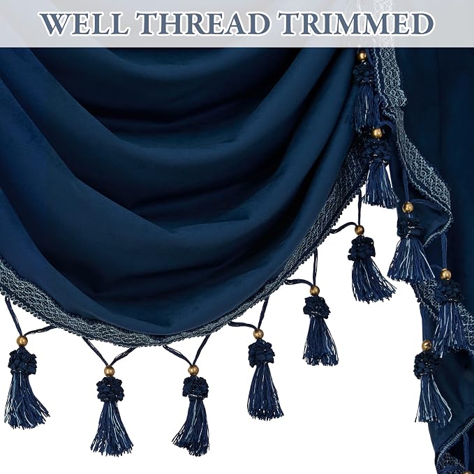 Extra Wide Navy Blue Velvet Curtain Valance W110 inches, 1 Panel | Luxury Tassel Waterfall Valance for Living Room, Rod Pocket Tier Half Window Drapes for Kitchen, Villa Hall - Image 3