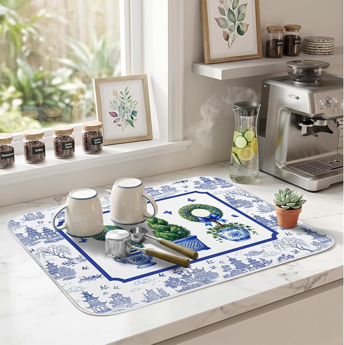 Chinese Blue White Dish Drying Mat for Kitchen Counter Coffee Bar 18x24 in | Chinese Aesthetic Non Slip Absorbent Kitchen Dishes Drainer Mat, with Anti-slip Rubber Backing & Hanging Loop, for Sink - Image 9
