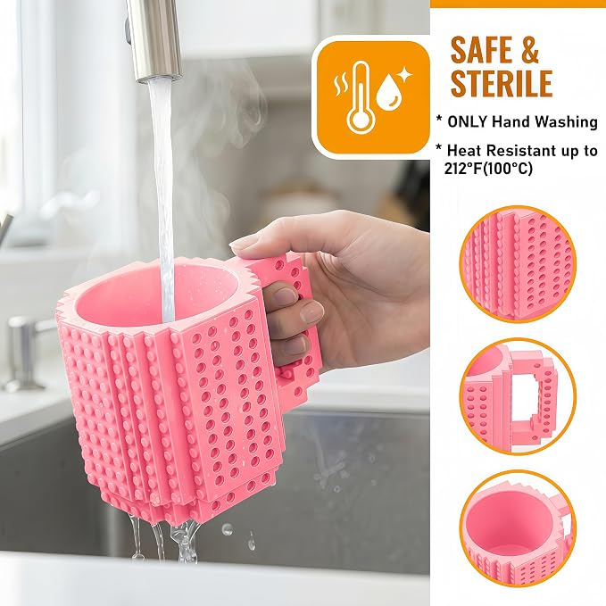 Lumsburry Build-on Brick Coffee Mug, Funny DIY Unique Novelty Drinking Cup | Building Blocks Creative Mug, for Men Women Kids Dad Mom, Present Exchange Ideas, Xmas Birthday White Elephant(Pink) - Image 3