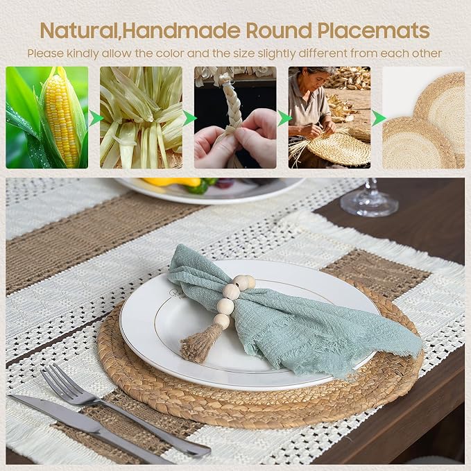 Placemats Set of 4 w/Charger Plates Table Mats Table Runner & Napkin Rings | All in One Placemats,Boho Farmhouse Style Heat-Resistant Non-Slip Protective Round Woven Placemats for Dining Table Décor - Image 6