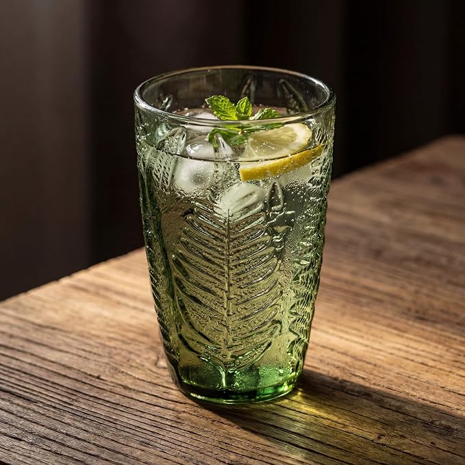 Green Drinking Glasses Set of 8, 12 oz Glass Cups, Vintage Fern Glassware | Hand-Pressed, Dishwasher Safe, Boho Leaf-Textured Drinkware, Embossed Highball Tumblers for Water, Retro Kitchen Gift - Image 5