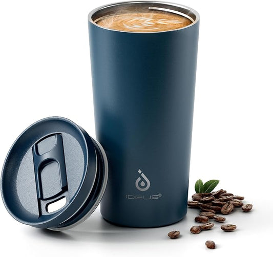 Ideus 17 oz Travel Coffee Mug, Double Wall Vacuum Stainless Steel Insulated Coffee Tumbler With Lid, Splash-Proof & Cup Holder Friendly, Keeps Drinks Hot/Cold, Dishwasher Safe, Navy by IDEUS