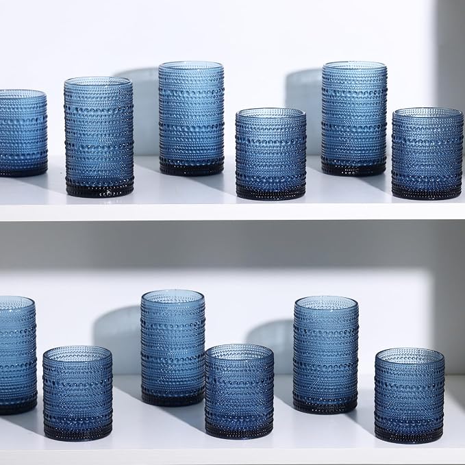 Moretoes Blue Hobnail Drinking Glasses Set of 16,Glass Cups | 12 Oz Highball Glasses & 10 Oz Cocktail Glasses, Kitchen Bar Tumbler Glassware Set for Whiskey, Beer, Juice, Milk - Image 7
