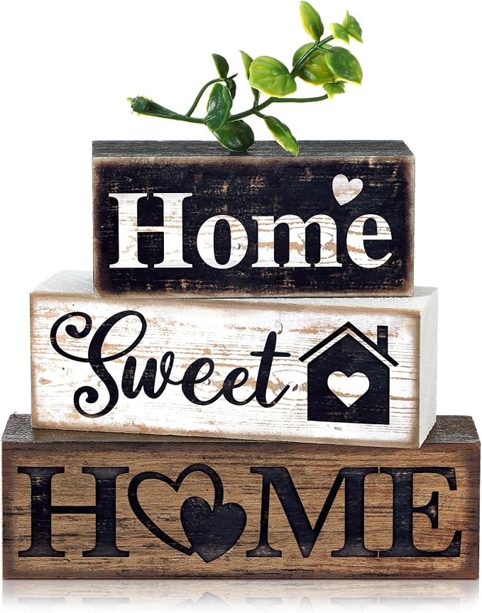 Moucuny 4 Pcs Farmhouse Wooden Tabletop Decor Farmhouse Tiered Tray Decor Rustic Eucalyptus Leaves Wood Block Sign Gift Sweet Home Centerpiece Home Table Decortion by Moucuny