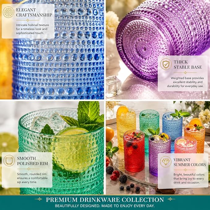 Khen Plastic Hobnail Drinking Highball Glasses Set of 6 Bright Tones Cups 14oz, Shatterproof & Unbreakable Acrylic Beaded Design, BPA-Free, Dishwasher Safe Indoor/Outdoor Drinkware Water, Cocktails - Image 2