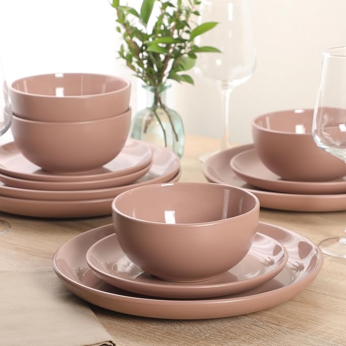 Gibson Home Rockaway 12 Piece Plates and Bowls Matte Outside/Shiny Inside Glaze Service for 4 Dinnerware Set - Pink - Dishwasher and Microwave Safe - Image 4