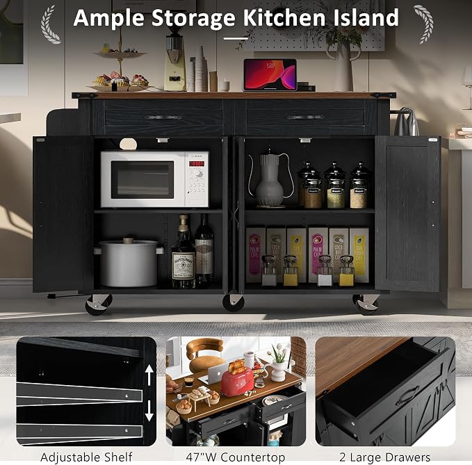 Farmhouse Rolling Kitchen Island with Power Outlet, Drop Leaf Breakfast Bar, Wooden Mobile Storage Island Cart on Wheels with Drawers, Spice Rack for Kitchen Dining Room (Black) - Image 5