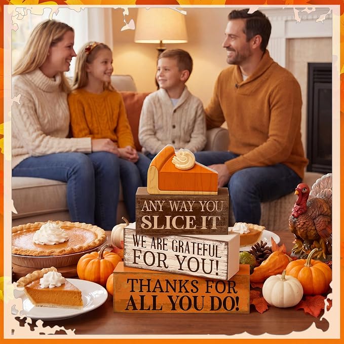 Moucuny 4 Pcs Fall Coffee Table Decor Fall Decoration for Home Wooden Stacked Block with Pumpkin Pie Topper Rustic Thanksgiving Tiered Tray Decor for Harvest Party Home Kitchen Coffee Bar - Image 4
