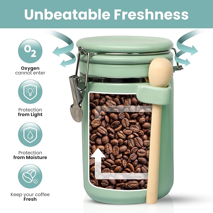 Home Intuition 4-Piece Ceramic Kitchen Canisters Set, Airtight Containers with Wooden Spoons Reusable Chalk Labels and Marker for Sugar, Coffee, Flour, Tea (Mint) - Image 4