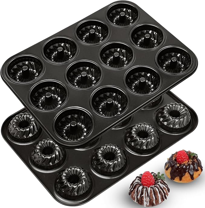 Webake 2 Pack Mini Fluted Tube Cake Pan, Non-Stick 2.8 Inch Cake Pans, Heavy Gauge Carbon Steel 12-Cavity by Webake