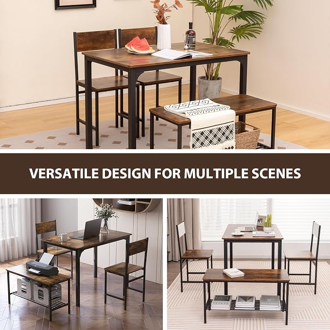 Giantex Dining Table Set for 4, Kitchen Table with Bench and Chairs, Industrial Gathering Bench Dining Set W/Metal Frame & Storage Rack, Dinette Set, Modern Functional Desk Set (Rustic Brown) - Image 8