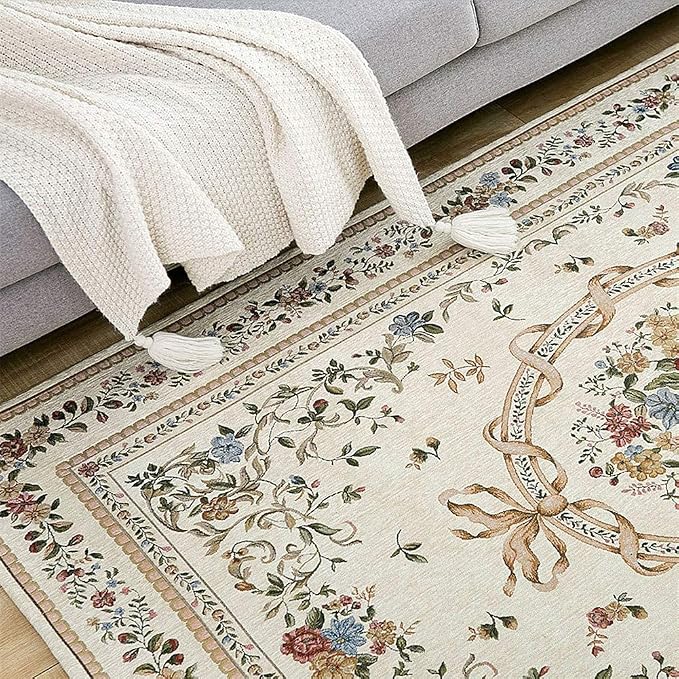 Non-Shedding Living Room Bedroom Accent Rug Rustic Floral Cotton Area Rugs Carpet, 5′3″ × 7′6″, Euro Romance - Image 4