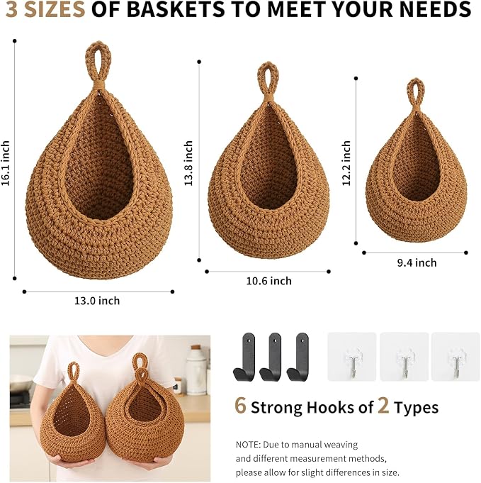 Boho Wall Hanging Fruit Baskets for Kitchen 3 Pack Woven Produce Holder with 6 Pcs Strong Hooks Vegetable Hanging Basket for Organizing Teardrop Home Wall Potato Onion Storage, Caramel - Image 4