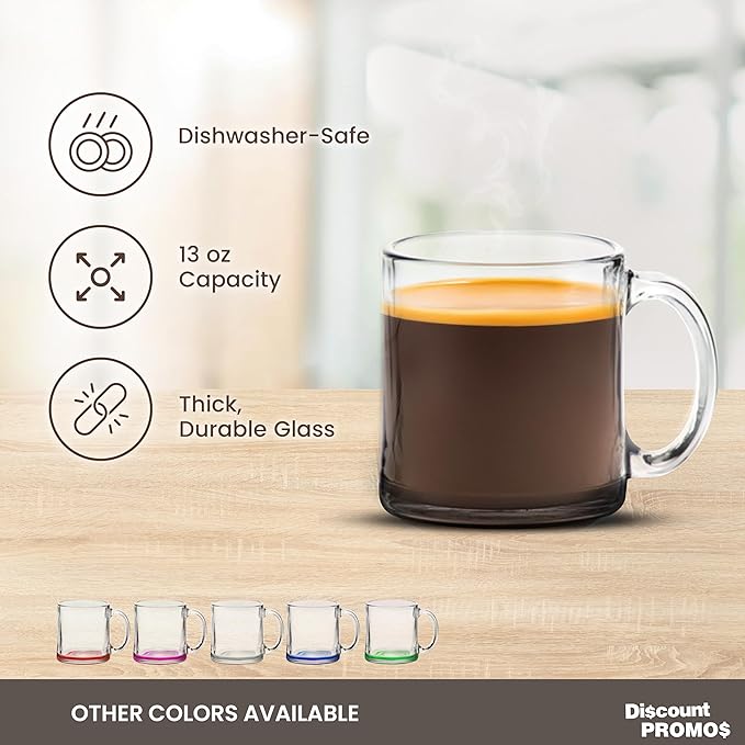 Libbey Clear Glass Coffee Mugs 13 oz. Set of 10, Bulk Pack - Perfect for Coffee, Tea, Espresso, Hot Cocoa, Other Beverages - Black Bottom