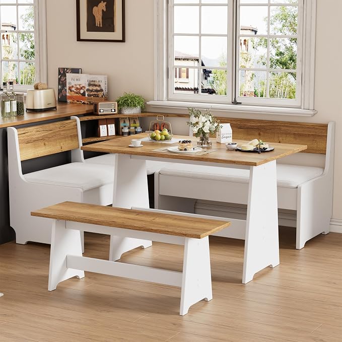 PAKASEPT Corner Breakfast Nook Table Set with Cushion, L-Shape Kitchen Dining Table with Bench, Farmhouse Wood Breakfast Nook Bench with Hidden Storage,White & Brown - Image 9
