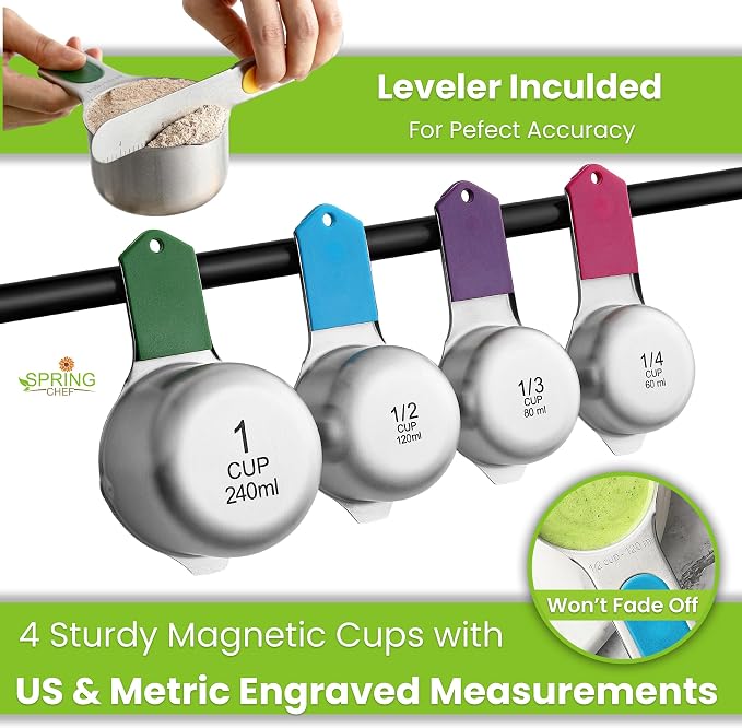 Spring Chef Magnetic Measuring Cups & Spoons Set of 9, Patented, Multicolor | Nesting Stainless Steel Measuring Cups & Heavy Duty Metal Measuring Spoons with Levelers for Dry & Liquid Ingredients - Image 4