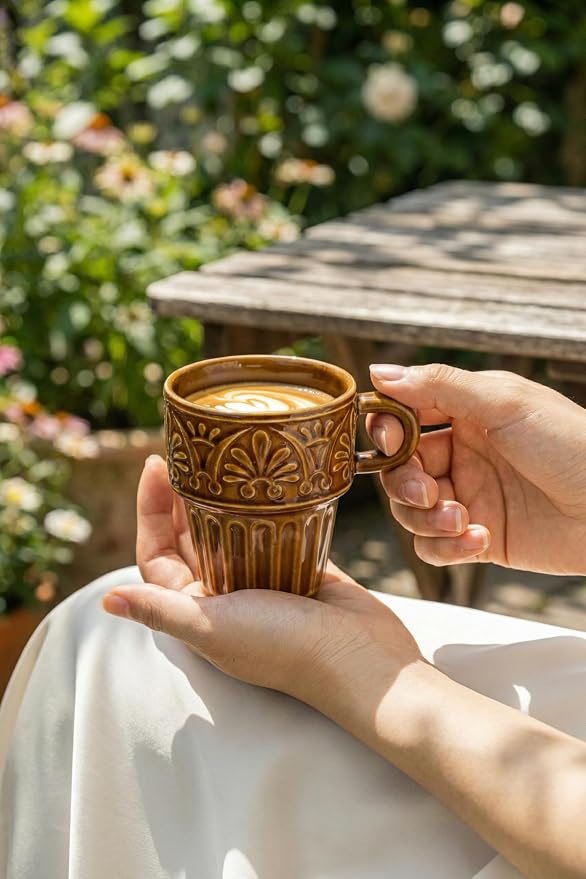 Espresso Cups Set of 6, Cappuccino Cups, Stackable Mug 6 OZ Ceramic Coffee Mug, Microwave & Dishwasher Safe, Tea Cocoa for Family Daily Use & Gathering, Great Gift for Any Special Occasion, Brown - Image 7