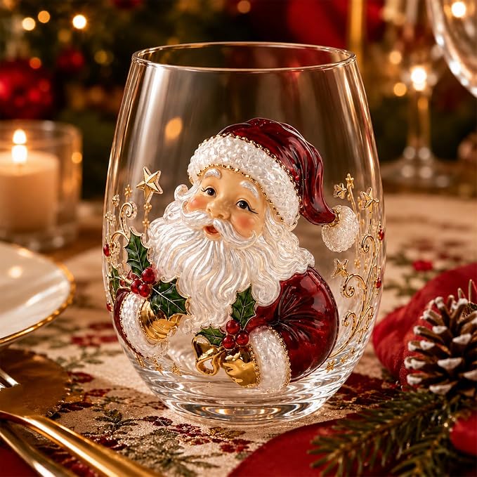 Christmas Wine Glasses, 12oz Stemless Holiday Glassware with Festive Style (Santa (B)) by Lifmagic