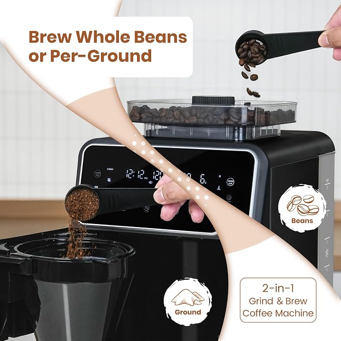 Gevi 10-Cup Drip Coffee Maker With Built-In Burr Grinder & Touch Screen | Programmable Brewing, 4-Hour Warming Plate, Permanent Filter, Included Glass Carafe for Fresh Grind-And-Brew Coffee at Home - Image 2
