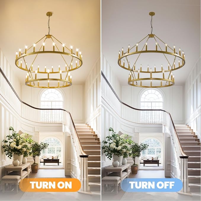 47 Inch Gold Wagon Wheel Chandelier,2 Tier 36-Lights Farmhouse Chandelier for Living Room,Round Rustic Dining Room Light Fixture,Extra Large Foyer Chandeliers for High Ceilings,for Staircase,Entryway - Image 5