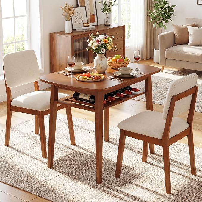 Giantex Dining Table Set for 2, Space Saving Kitchen Table and Chairs Set w/Rubber Wood Frame, Storage Rack, Padded Seats & Backrests, Dinette Set for Small Space, Apartment, Dining Room, Walnut - Image 2