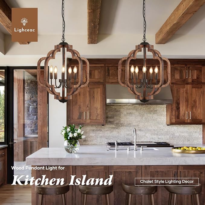 20.5" Farmhouse Vintage Chandelier 5-Light for Dining Room Rustic Handmade Wood Hanging Ceiling Pendant Light Fixture for Entryway Brown Retro Chandeliers for Kitchen Bedroom Foyer Hallway - Image 4