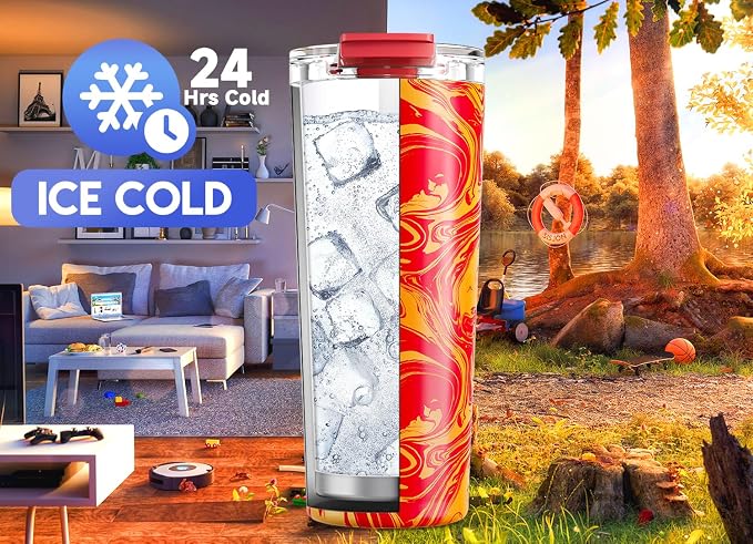 Meoky 24 oz Insulated Travel Coffee Mug: Leak Proof Lid, Lava Swirl | Stainless Steel Coffee Tumbler, Keeps Hot for 8 Hours or Cold for 24 Hours, Fits in Car Cup Holder, BPA Free - Image 4