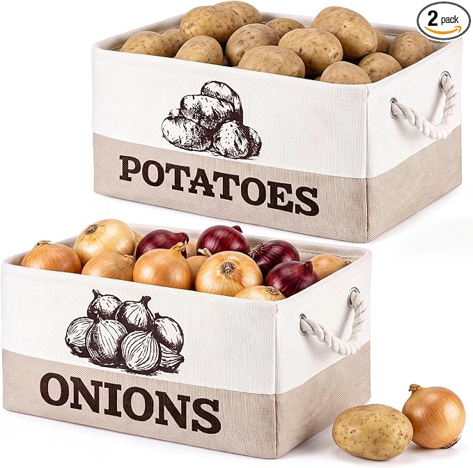 Marsui 2 Pcs Potato and Onion Storage Baskets with Handles, Foldable Kitchen Vegetable Storage Bins, Rustic Countertop Pantry Organizer for Potatoes, Onions, Fruit, Vegetables by Marsui