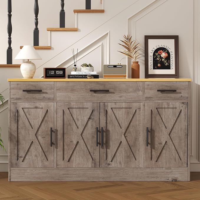 Vongrasig 53" Large Sideboard Buffet Cabinet With 4 Doors and 3 Drawers, Farmhouse Coffee Bar Kitchen Storage Cabinet, Wood Table for Kitchen, Dining Room, Ash Grey - Image 3