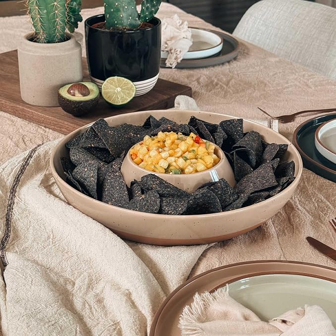 Mora Ceramic Chips and Dip Serving Tray: Large Divided Party Bowl Set for Chips & Salsa, Veggies & Dip, Fruit, Snacks, Entertaining, Hosting, etc. Minimalist Design for the Modern Hostess - Chai - Image 5