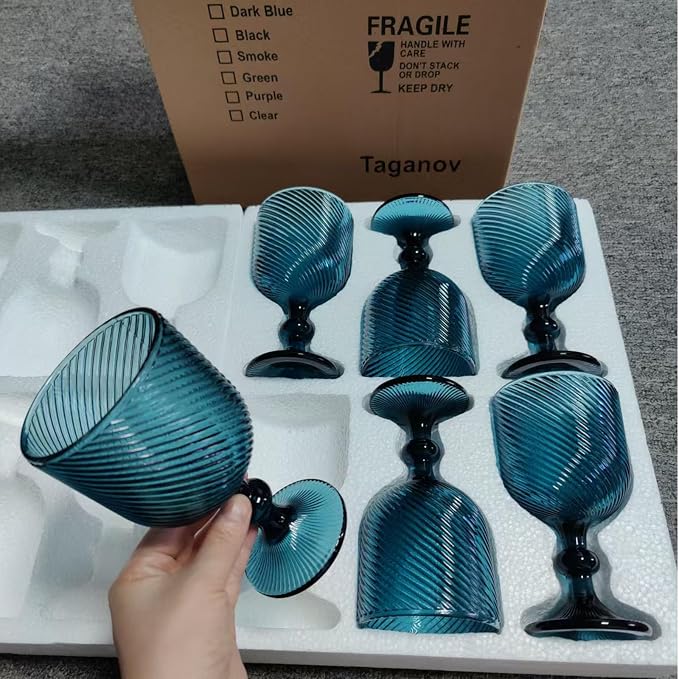 Taganov Blue Water Goblets Glassware Vintage Wine Glasses set of 6 Stem Glasses Drinking Stemware 12 Ounces for Wedding Party Bar Twill pattern 350 ml - Image 3