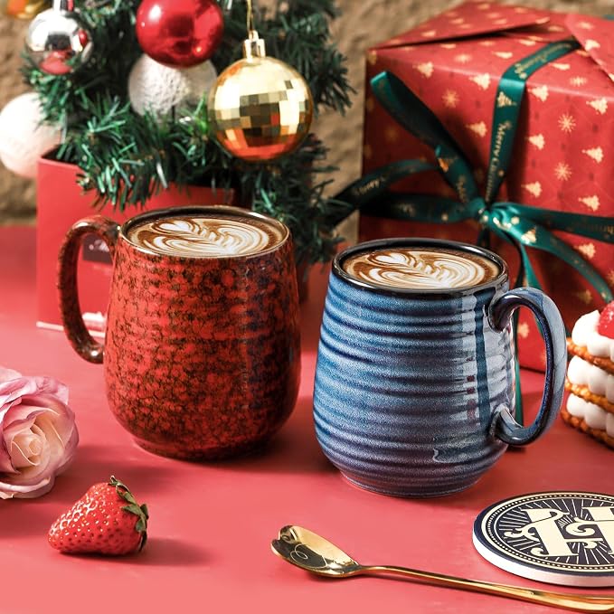 HASENSE Ceramic Coffee Mug Set of 2, 20 Oz Tea Cups for Women and Men, Handmade Large Latte Mugs with Handle, Gift Box with Coaster & Gold Spoon, Perfect for Christmas Thanksgiving, Blue & Red - Image 3