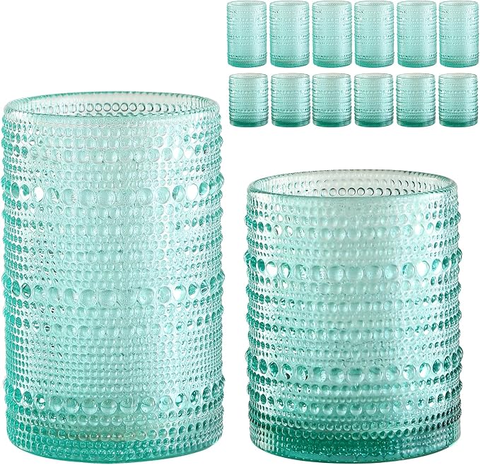 ZMOWIPDL Drinking Glasses Set of 12,Light Blue 12oz & 15oz Glass Cups | Vintage Hobnail Glassware，Embossed Water Tumbler,for Beer,Cocktail,Whiskey,Juice and Various Mixed Drinks by ZMOWIPDL