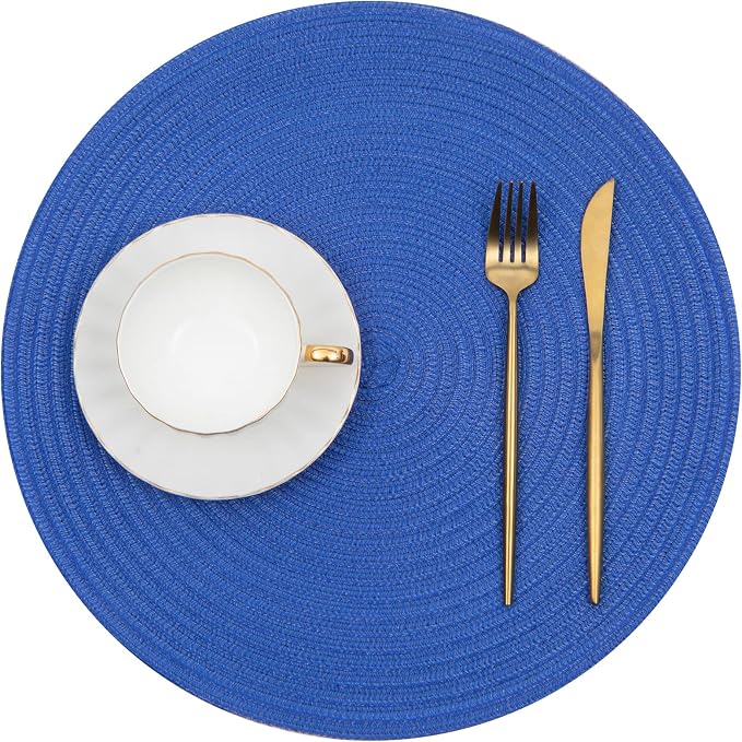 SHACOS Round Placemats Set of 6 Washable 15 inch Round Table Mats Cotton Polyester Woven Braided Place Mats for Dining Table (Blue, 6) - Image 2